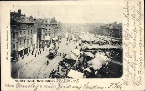 Ak Nottingham East Midlands England, Market Place, Straßenbahn