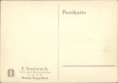 Künstler Ak Lüdke, E., Berlin Tempelhof, Seil- und Kabelwerke F. Troitzsch, Dampfflug, Bauer