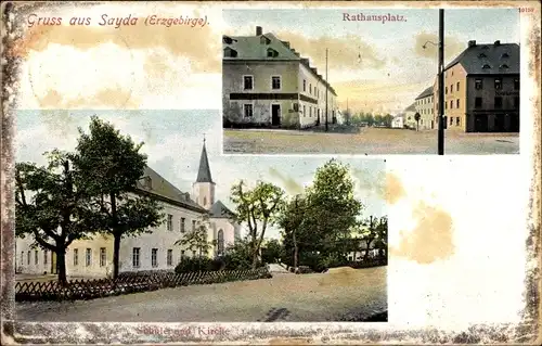 Ak Sayda im Erzgebirge, Rathausplatz, Kirche, Schule