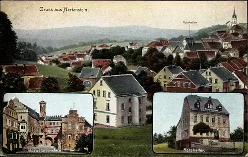 Ak Hartenstein im Erzgebirge Sachsen, Schloss, Ratskeller, Panorama