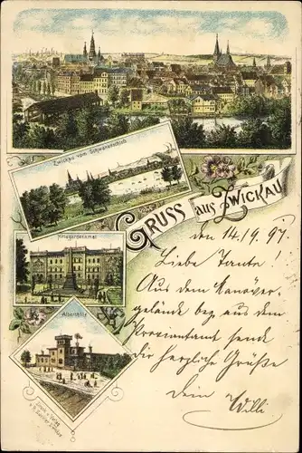Litho Zwickau in Sachsen, Blick vom Schwanenschloss, Kriegerdenkmal, Alberthöhe, Totale