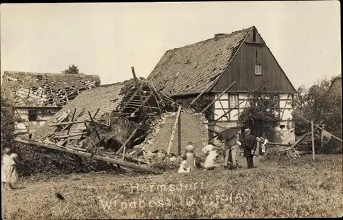 Foto Ak Hermsdorf Rossau in Sachsen, Zerstörungen der Windhose 1916