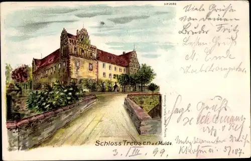 Künstler Litho Trebsen an der Mulde Sachsen, Ansicht vom Schloss