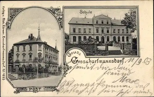 Ak Großhartmannsdorf im Erzgebirge, Schule, Post
