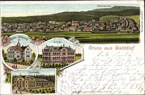 Litho Walddorf Kottmar in der Oberlausitz, Kottmarberg, Pfarrwohnung, Schule, Turnhalle
