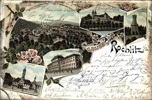 Litho Rochlitz an der Mulde, Rathaus, Seminar, Schloss, Turm, Panorama