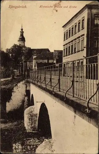 Ak Königsbrück in der Oberlausitz, Historische Brücke und Kirche