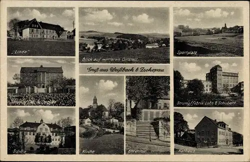 Ak Weißbach Amtsberg Sachsen, Heim Linde, Kirche, Ehrenmal, Rathaus, Schule, Strumpffabrik