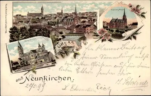 Litho Neunkirchen im Saarland, Katholische und evangelische Kirche, Totalansicht