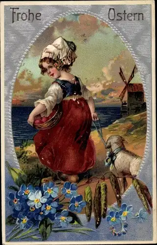 Präge Litho Glückwunsch Ostern, Mädchen mit Lamm, Windmühle