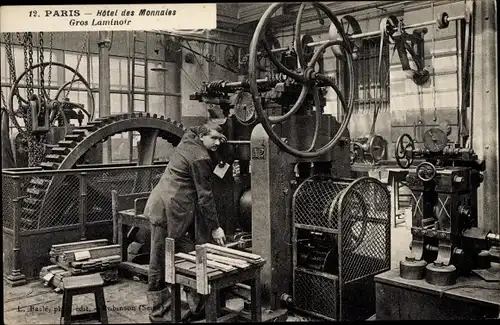 Ak Paris, Hotel des Monnaies, Gros Laminoir, Maschinenhalle, Walzwerk, Maschine, Münzpresse