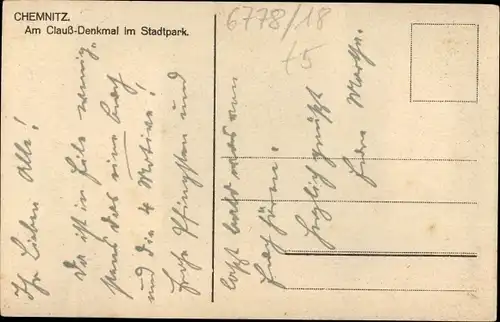 Ak Chemnitz in Sachsen, Clauß Denkmal, Stadtpark