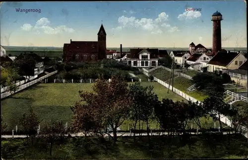 Ak Nordseebad Wangerooge in Ostfriesland, Dorfplatz, Kirche, Leuchtturm