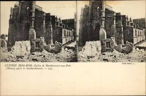 Stereo Ak Rembercourt aux Pots Lothringen Meuse, Eglise après le bombardement, Levy & Fils