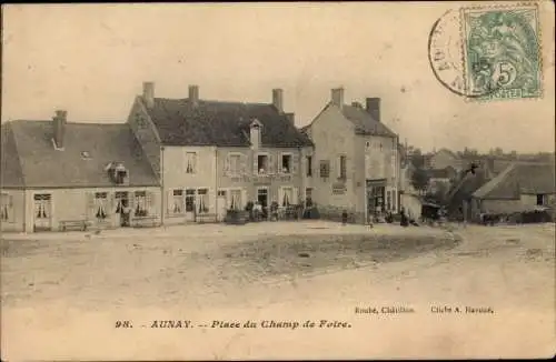 Ak Aunay Calvados, Place du Champ de Foire, Hotel du Commerce, Geschäfte