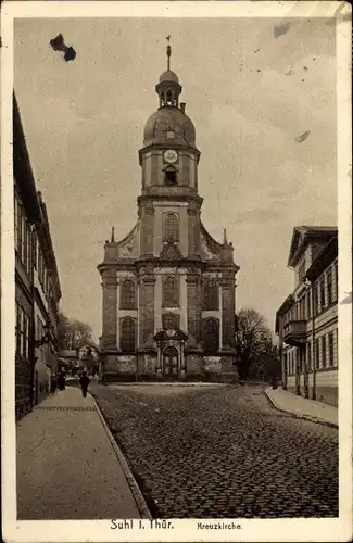 Ak Suhl in Thüringen, Kreuzkirche, Straßenpartie