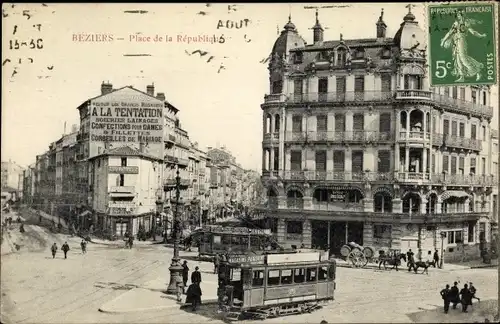 Ak Béziers Hérault, Place de la République, Banque, Grand Magasin a la Tentation, Straßenbahn