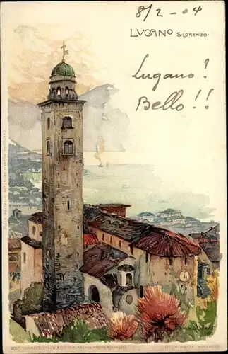 Künstler Litho Wielandt, Manuel, Lugano Kt. Tessin Schweiz, S. Lorenzo, Kirchturm, Panorama