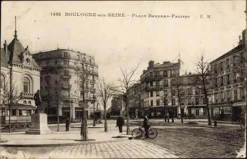 Ak Boulogne sur Seine Hauts de Seine, Place Bernard Palissy, Denkmal, Straßenpartie