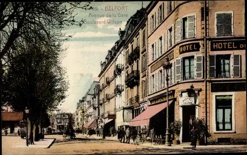 Ak Belfort Territoire de Belfort, Avenue de la Gare, Boulevard Wilson, Hotel de France