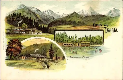 Litho Dietfeld Bayern, Aschauerweiher, Alpenkamm