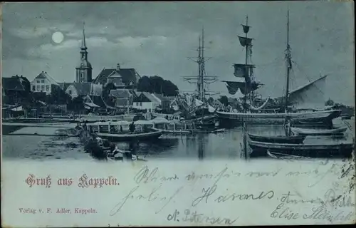 Mondschein Ak Kappeln an der Schlei, Hafenpartie