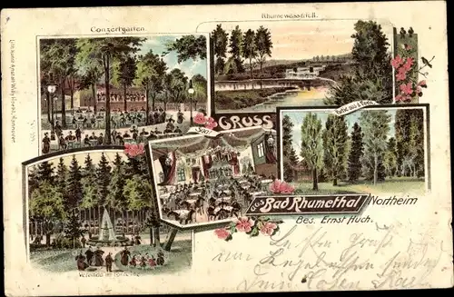 Litho Northeim in Niedersachsen, Bad Rhumethal, Rhumewasserfall, Gartenpartie