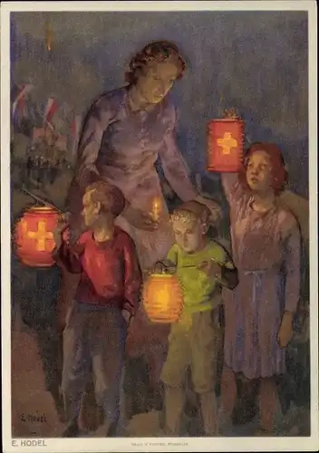 Künstler Ak Hodel, E., Schweiz, Bundesfeierkarte 1947, Frau, Kinder, Lampions