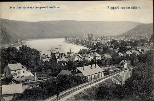 Ak Boppard am Rhein, Panorama von der Elfenlei, Neue Hunsrückbahn nach Castellaun