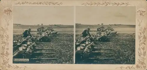 Stereo Kabinettfoto Schützenlinie, Feuerstellung, Gewehre, deutsche Soldaten,Kaiserreich,Pickelhaube