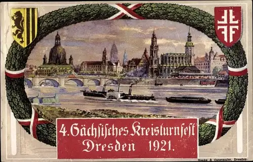 Künstler Ak Dresden Zentrum Altstadt, Friedrich August Brücke, 4. Sächs. Kreisturnfest 1921