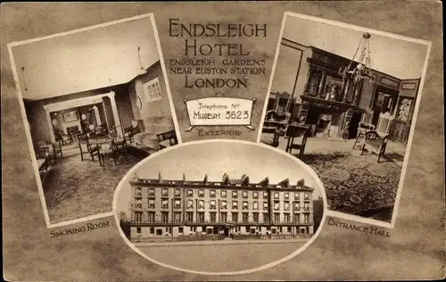 Ak London City England, Endsleigh Hotel, Near Euston Station, Smoking Room, Entrance Hall