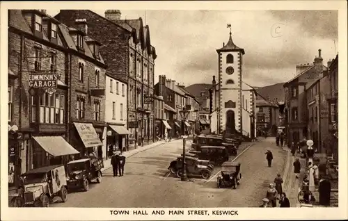 Ak Keswick North West England, Town Hall and Main Street, Edmondson's Garage