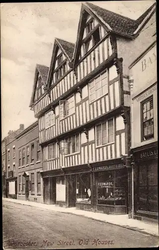 Ak Worcester West Midlands England, New Steet, Old Houses, Shop F. Edwards