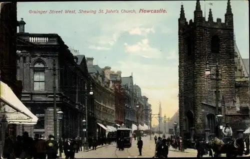 Ak Newcastle upon Tyne North East England, Grainger Street West, Shewing St Johns Church