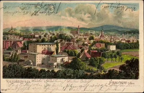 Litho Jelenia Góra Hirschberg Schlesien, Blick auf den Ort, Riesengebirge