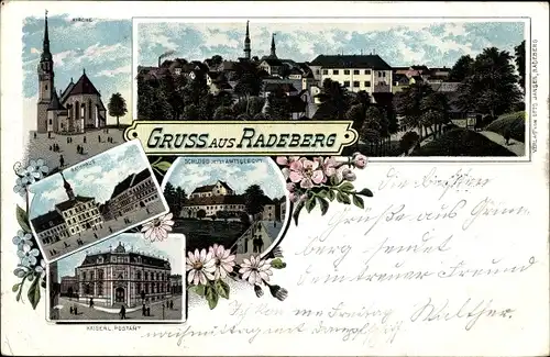 Litho Radeberg im Kreis Bautzen Sachsen, Schloss, Amtsgericht, Rathaus, Kirche, Postamt