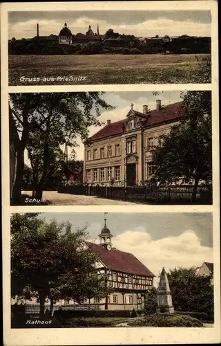 Ak Prießnitz Frohburg in Sachsen, Schule, Rathaus, Blick auf den Ort