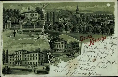 Mondschein Litho Kreischa im Erzgebirge, Kurhaus Dr. Bartels, Zweiganstalt, Schloss