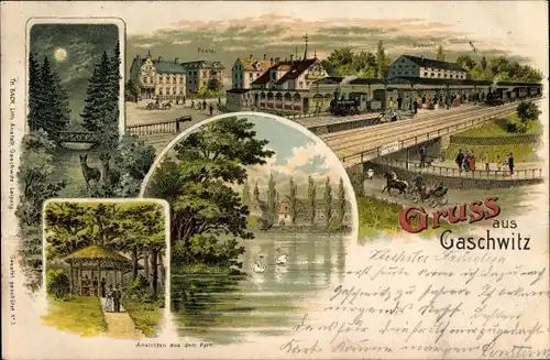 Litho Gaschwitz Markkleeberg in Sachsen, Ansichten aus dem Park, Bahnhof, Brücke