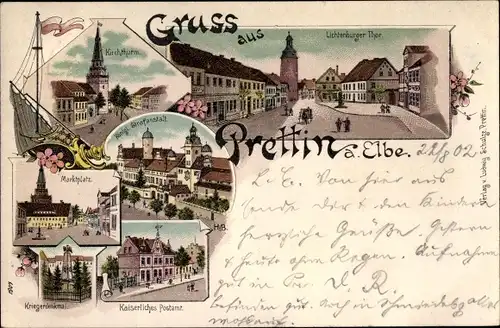 Litho Prettin Annaburg im Kreis Wittenberg, Lichtenburger Tor, Kirche, Strafanstalt, Markt, Post