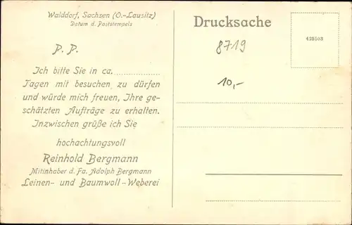 Ak Walddorf Kottmar in der Oberlausitz, Handweber, Baumwollweberei Reinhold Bergmann, Besuchsanzeige