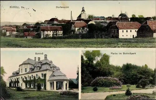 Ak Kittlitz Löbau in Sachsen, Dorfansicht mit Kirche, Schloß, Partie im Schloßpark