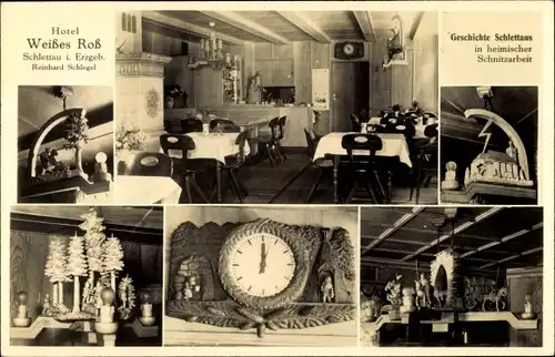 Ak Schlettau im Erzgebirge, Hotel Weißes Ross, Inh. Reinhard Schlegel, Holzschnitzarbeiten, Uhr