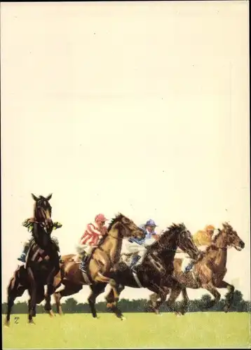 Künstler Ak Hohlwein, Ludwig, Hoppegarten, Vollblutpferde, Jockeys, Pferderennen