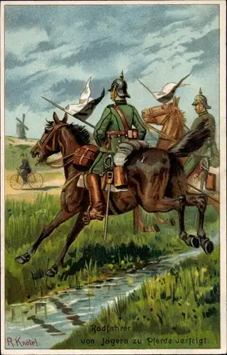 Künstler Litho Knötel, R., Radfahrer von Jägern zu Pferde verfolgt, Kaiserreich