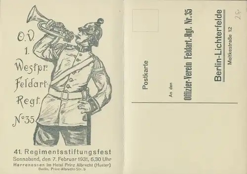 Klapp Ak Berlin Steglitz Lichterfelde, 1. Westpr. Feldartillerie Regt. No 35, 41. Stiftungsfest 1931