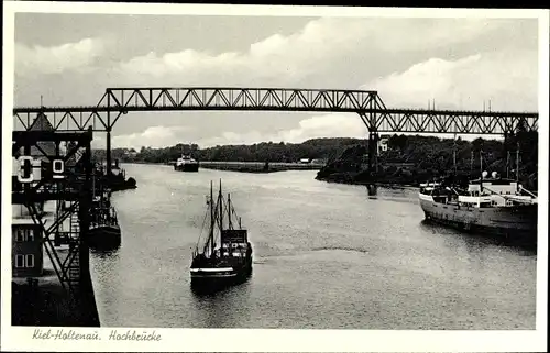 Ak Kiel Holtenau, Hochbrücke mit Dampfer