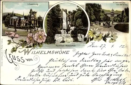 Litho Bad Wilhelmshöhe Kassel in Hessen, von der Allee, Löwenburg, Aquaduct Wasserfall