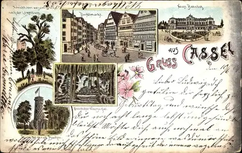 Litho Kassel in Hessen, Altmarkt, Neuer Bahnhof, Stadtansicht, Turm bei den elf Buchen
